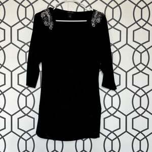 White House Black Market Beaded Shoulder, 3/4 Sleeve Black Mini Dress Medium